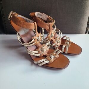Michael Kors Womens 6.5 Strappy‎ Sandal Gold Brown Leather Braided Ankle Strap